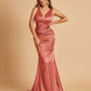 Sexy Satin Criss-cross Back Bridesmaid Dresses Mermaid Deep V-neck Back Pleats Floor Length