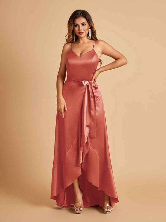 Satin Asymmetric V-neck Bridesmaid Dresses Sleeveless Side Slit A-line Unique