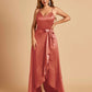 Satin Asymmetric V-neck Bridesmaid Dresses Sleeveless Side Slit A-line Unique For Sale