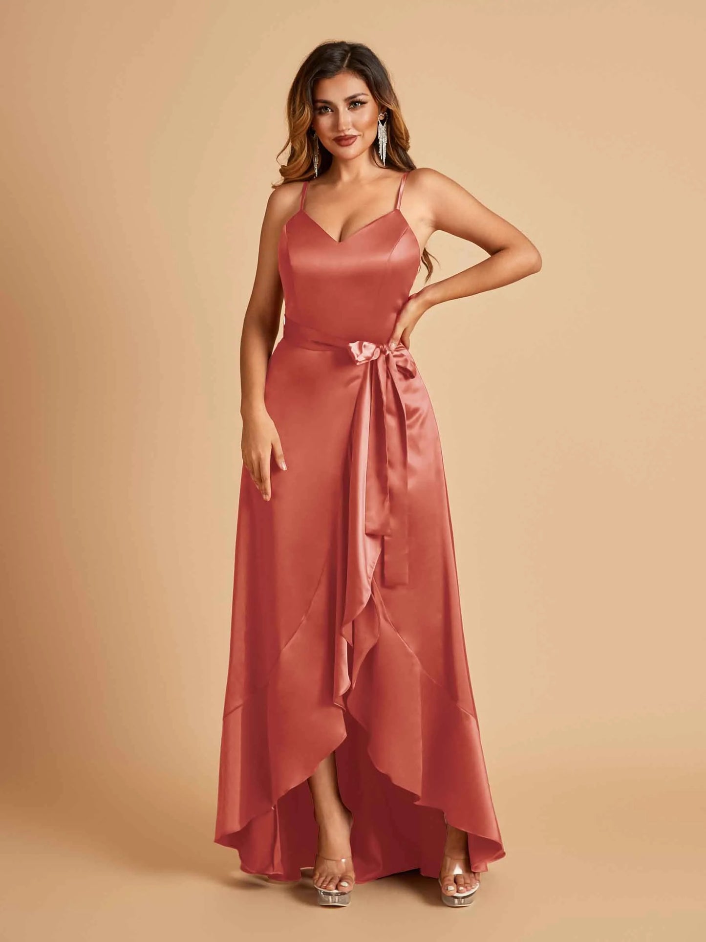 Satin Asymmetric V-neck Bridesmaid Dresses Sleeveless Side Slit A-line Unique For Sale