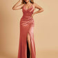 Sexy Satin Sheath Bridesmaid Dresses Spaghetti Straps V-neck Side Slit Pleats Floor Length