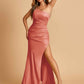 Sexy Strapless Long Prom Dresses Satin Side Slit Pleats Floor Length Sheath