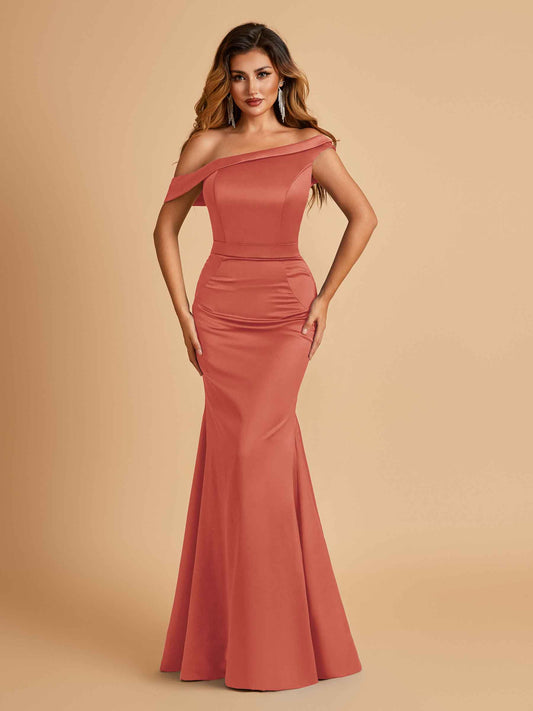 Charming Satin Off Shoulder Mermaid Bridesmaid Dresses Straps Floor Length