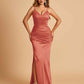 Satin Mermaid Long Prom Dresses Spaghetti Straps V-neck Side Slit Floor Length