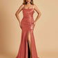 Sexy Satin Mermaid Prom Dresses Spaghetti Straps Scoop Side Slit Criss-cross Back