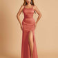 Satin Mermaid Long Bridesmaid Dresses Spaghetti Straps Scoop Side Slit Criss-cross Back