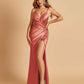 Sexy Satin Spaghetti Straps Prom Dresses V-neck Side Slit Pleats Floor Length Sheath