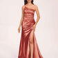 Satin One-shoulder Mermaid Bridesmaid Dresses Side Slit Pleats Floor Length