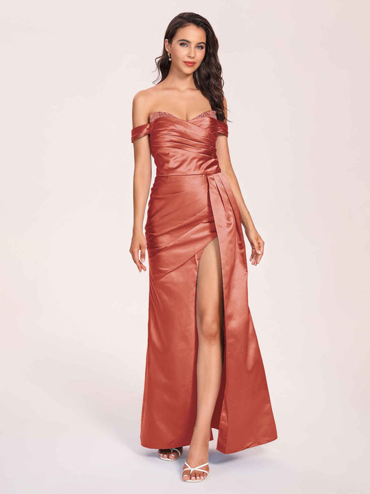Elegant Satin Off Shoulder Bridesmaid Dresses Side-slit Sweetheart Floor Length Sheath