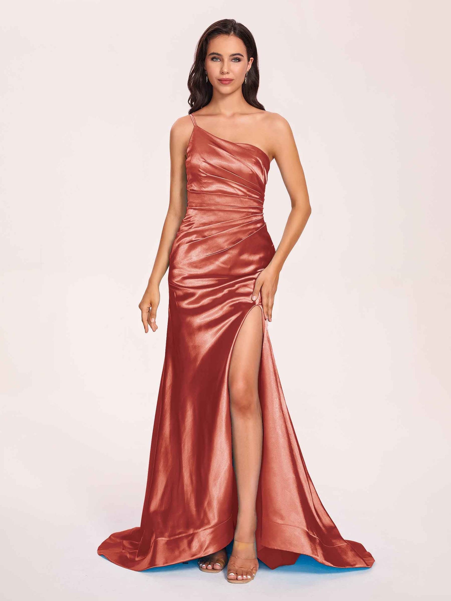 Satin One-shoulder Mermaid Prom Dresses Side Slit Pleats Floor Length