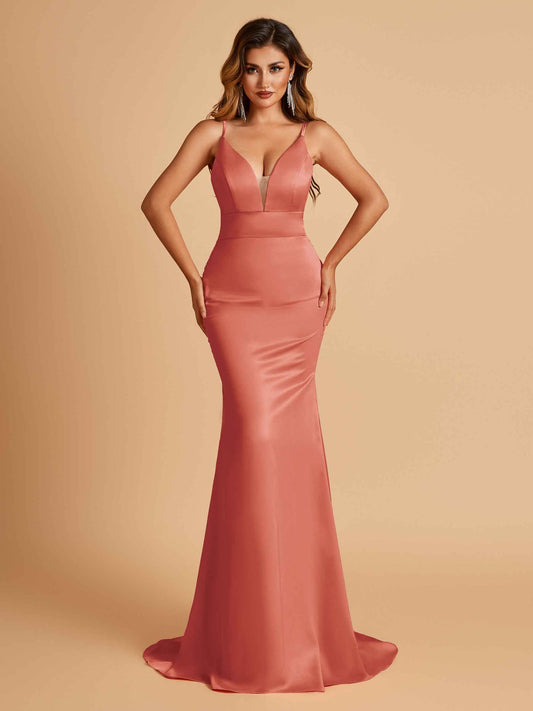 Satin Deep V-neck Mermaid Prom Dresses Open Back Floor Length
