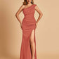 Satin One-shoulder Bridesmaid Dresses Mermaid Side Slit Sleeveless Floor Length