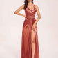 Sexy Satin A-line Prom Dresses Spaghetti Straps Side Slit V-neck Floor Length