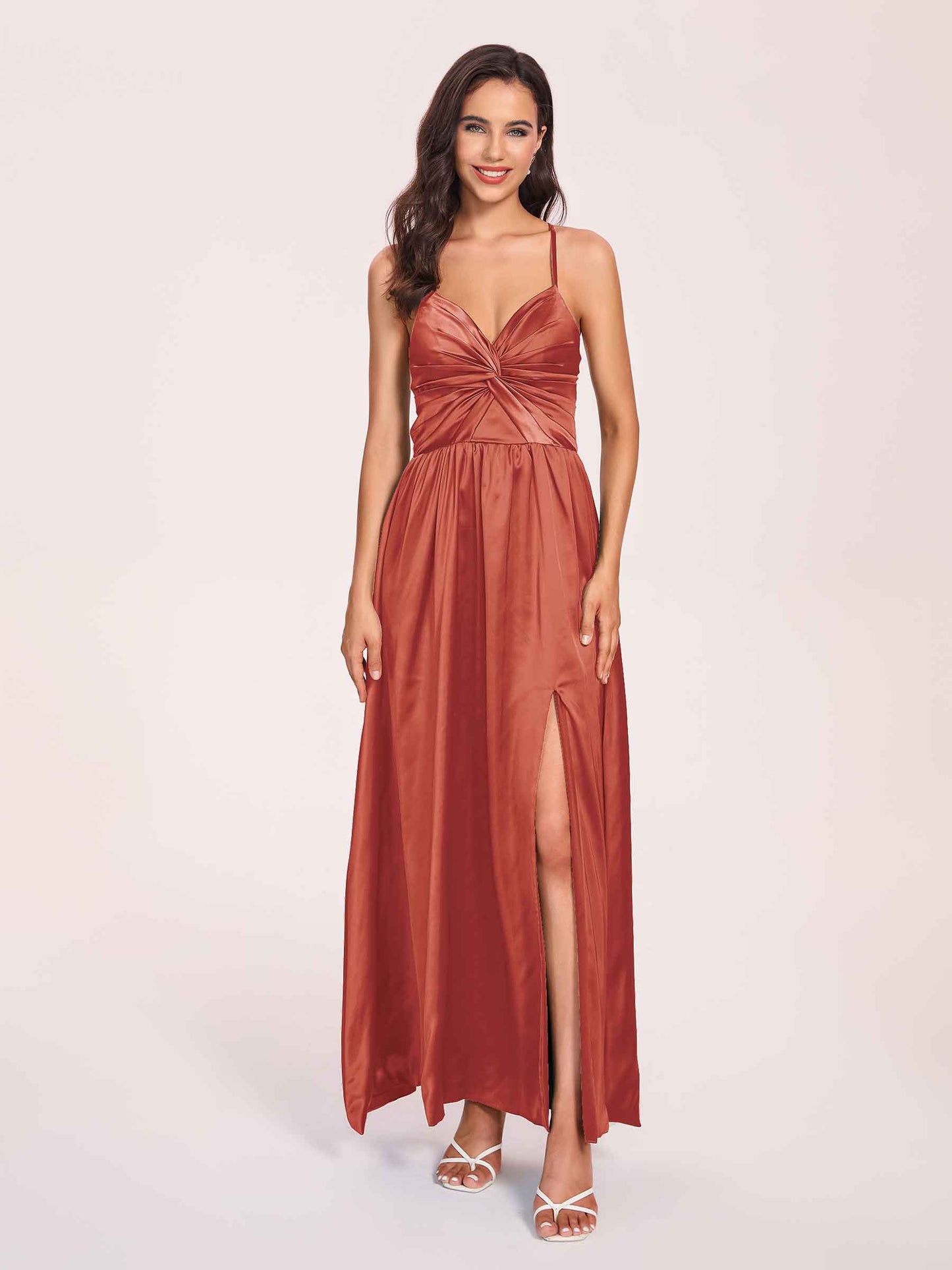 Satin Spaghetti Straps A-line Bridesmaid Dresses Side Slit Floor Length
