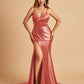Satin Mermaid V-neck Bridesmaid Dresses Spaghetti Straps Side Slit Floor Length