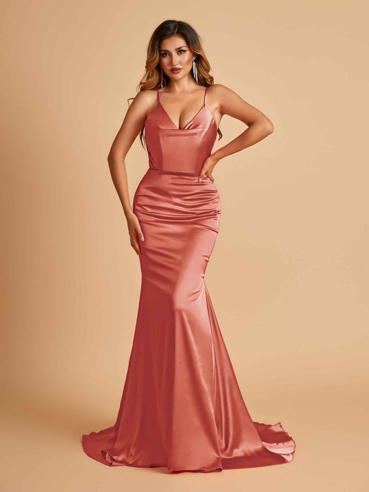 Sexy Satin Mermaid Bridesmaid Dresses Spaghetti Straps V-neck Pleats Floor Length