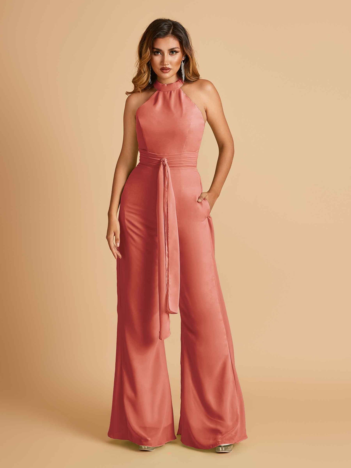 Chiffon Bridesmaid Jumpsuit Jewel Neck Sleeveless Floor Length With Pockets