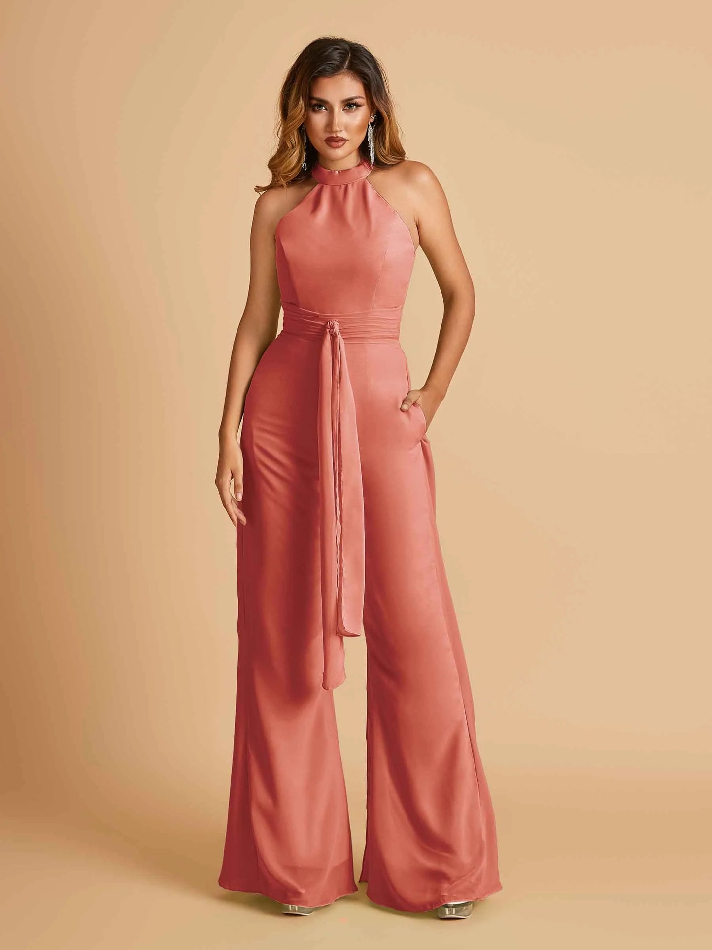 Chiffon Bridesmaid Jumpsuit Jewel Neck Sleeveless Floor Length With Pockets For Sale