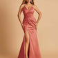 Sexy Mermaid Bridesmaid Dresses Spaghetti Straps Satin Side Slit Pleats Floor Length