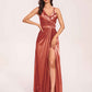 Sexy Satin A-line Bridesmaid Dresses Spaghetti Straps Side Slit V-neck Floor Length