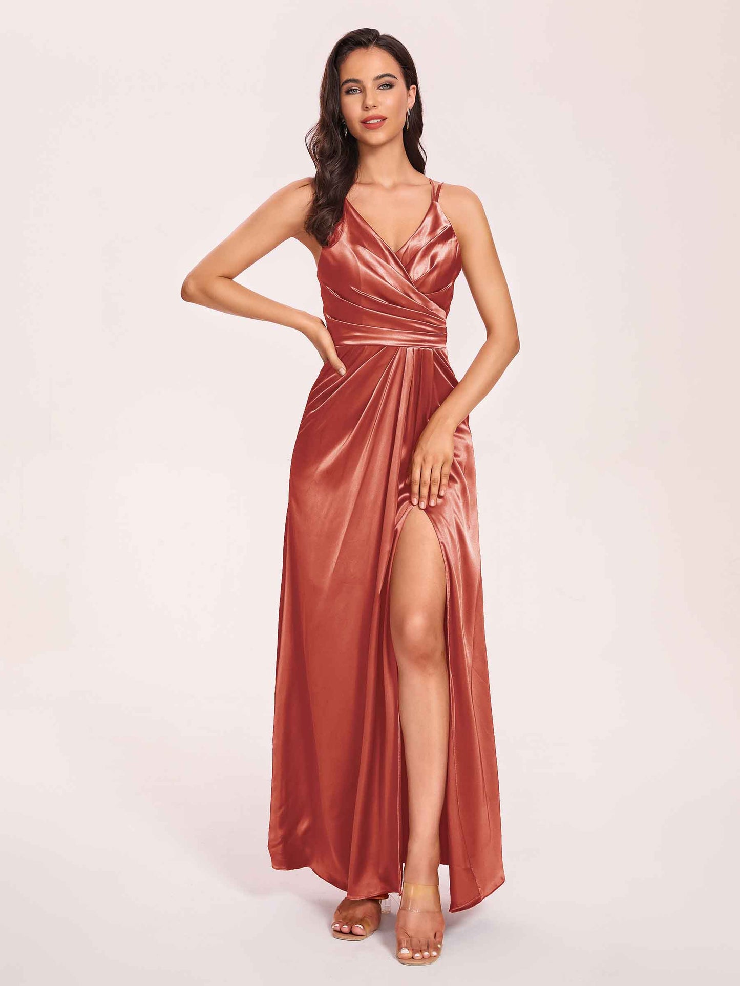 Sexy Satin A-line Bridesmaid Dresses Spaghetti Straps Side Slit V-neck Floor Length