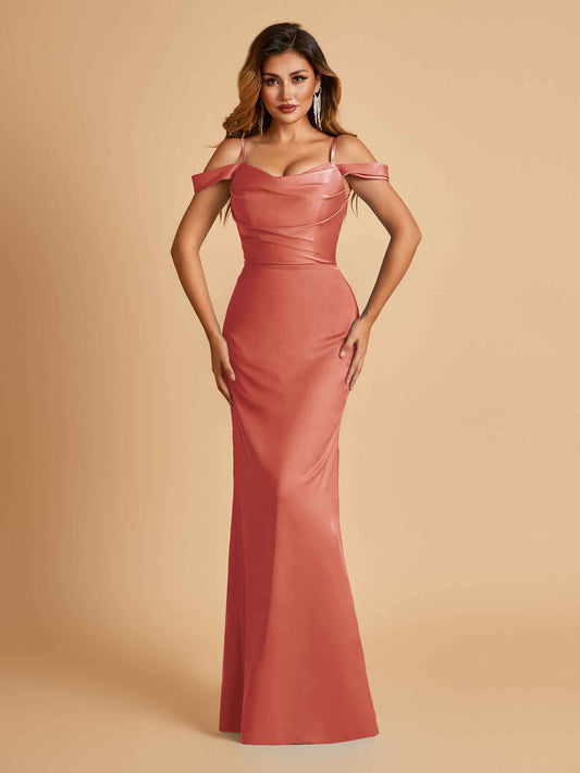 Sexy Off Shoulder Mermaid Long Bridesmaid Dresses Satin Spaghetti Straps Floor Length