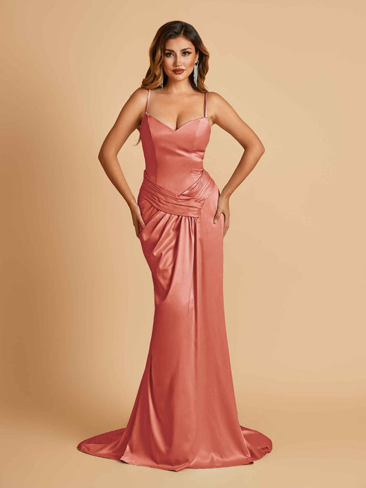 Satin Mermaid Sweetheart Bridesmaid Dresses Spaghetti Straps With Pleats Floor Length