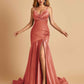 Sexy Satin Mermaid Open Back Prom Dresses Spaghetti Straps V-neck Side Slit