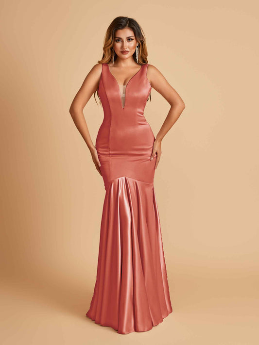 Satin Deep V-neck Mermaid Bridesmaid Dresses Half Open Back Floor Length