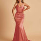 Sexy Satin Mermaid Prom Dresses Spaghetti Straps V-neck Pleats Floor Length
