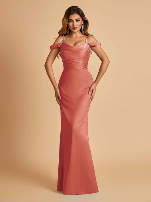 Sexy Off Shoulder Mermaid Long Prom Dresses Satin Spaghetti Straps Floor Length
