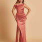 Unique Satin One Shoulder Prom Dresses Side Slit Half Open Back Floor Length