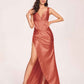 Satin Spaghetti Straps Corset Prom Dresses Pleats Side-Slit Sheath Floor Length