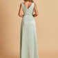 Sexy Satin Deep V-neck Long Bridesmaid Dresses A-line Pleats Sleeveless Floor Length