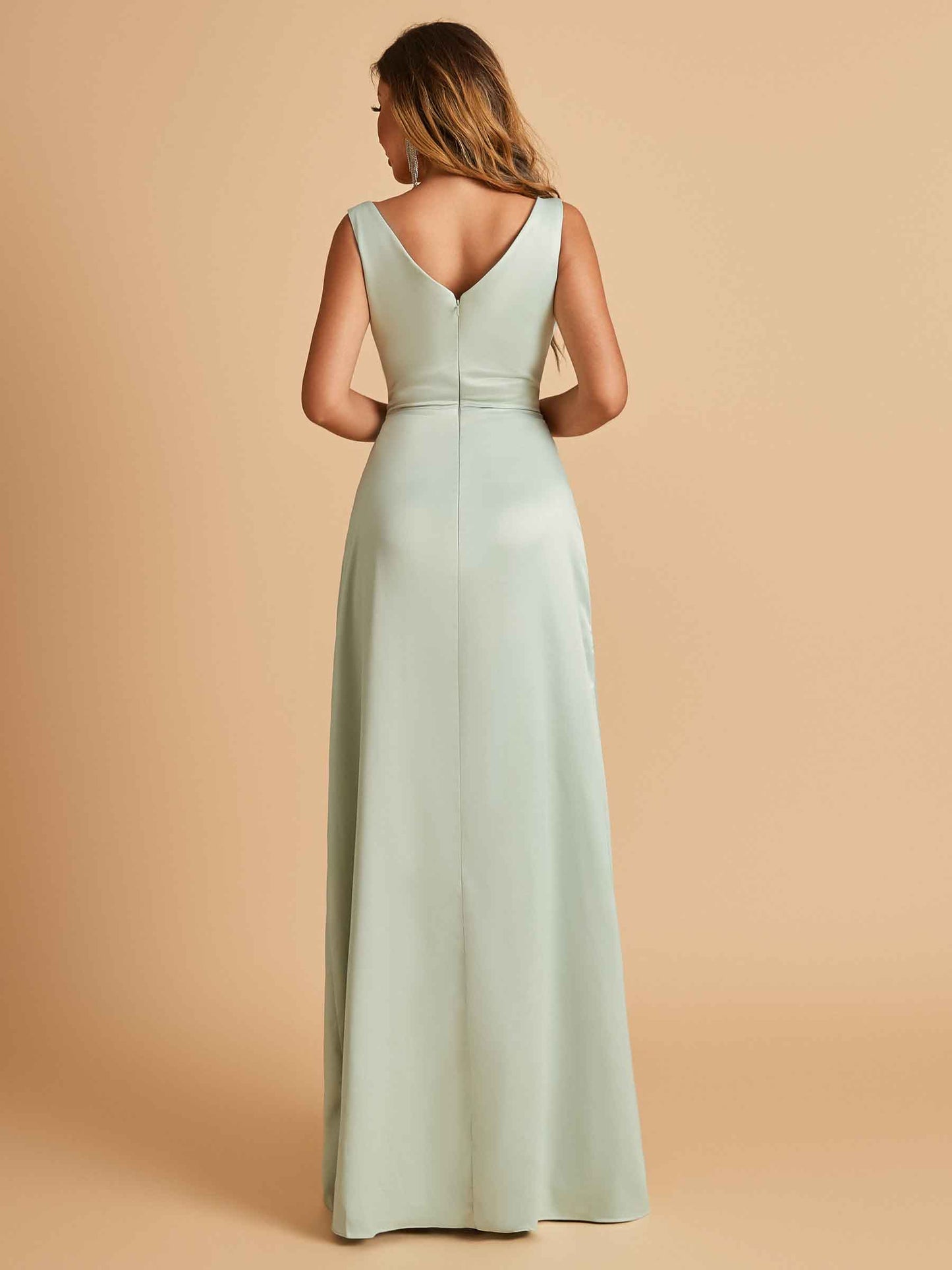 Sexy Satin Deep V-neck Long Bridesmaid Dresses A-line Pleats Sleeveless Floor Length