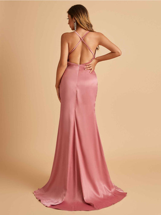 Sexy Satin Mermaid Bridesmaid Dresses Spaghetti Straps Sweetheart Side Slit Criss-cross Back