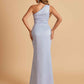 Satin One-shoulder Bridesmaid Dresses Sheath Side Slit Sleeveless Floor Length