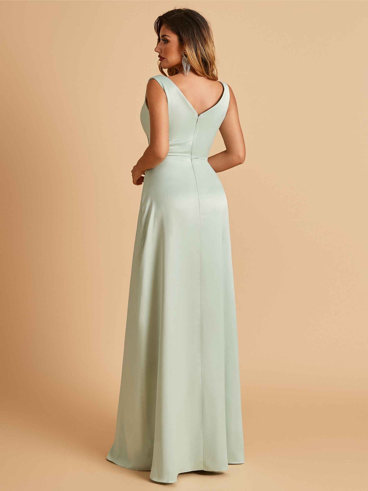 Sexy Satin Deep V-neck Long Bridesmaid Dresses A-line Pleats Sleeveless Floor Length