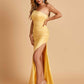 Sexy Strapless Long Prom Dresses Satin Side Slit Pleats Floor Length Sheath