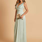 Sexy Satin Deep V-neck Long Bridesmaid Dresses A-line Pleats Sleeveless Floor Length