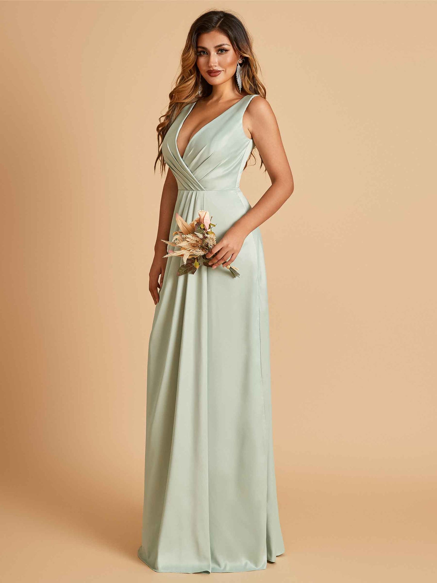 Sexy Satin Deep V-neck Long Bridesmaid Dresses A-line Pleats Sleeveless Floor Length