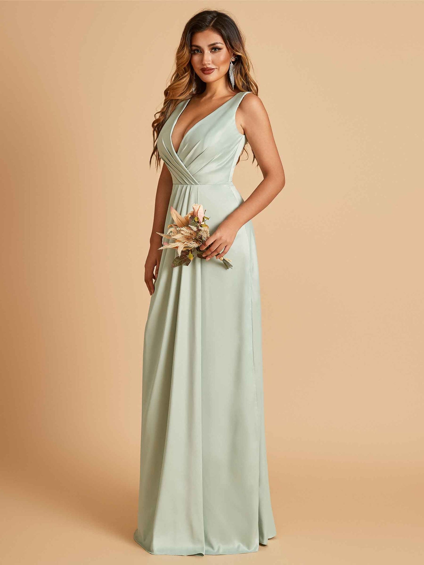 Sexy Satin Deep V-neck Long Prom Dresses A-line Pleats Sleeveless Floor Length