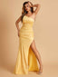 Sexy Strapless Long Bridesmaid Dresses Satin Side Slit Pleats Floor Length Sheath