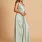 Sexy Satin Deep V-neck Long Bridesmaid Dresses A-line Pleats Sleeveless Floor Length