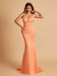 Satin Deep V-neck Mermaid Bridesmaid Dresses Open Back Floor Length