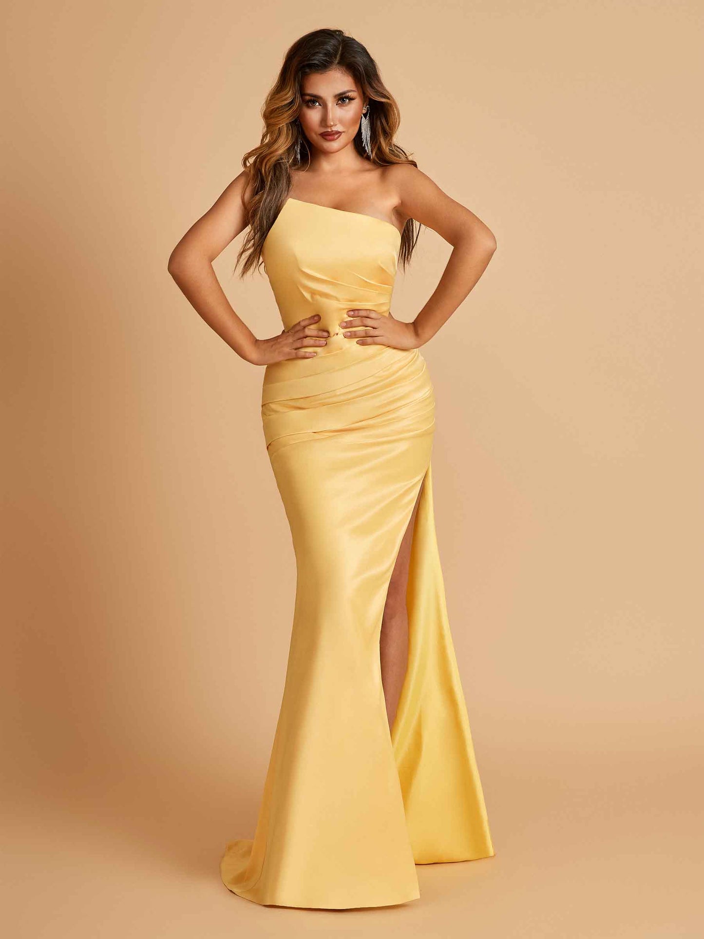Sexy Strapless Long Bridesmaid Dresses Satin Side Slit Pleats Floor Length Sheath