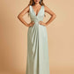 Sexy Satin Deep V-neck Long Bridesmaid Dresses A-line Pleats Sleeveless Floor Length