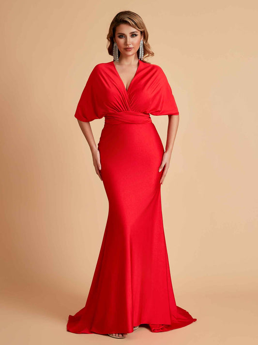 Sexy Convertible Jersey Pleats Mermaid Bridesmaid Dresses Floor Length Bridal Party Dresses