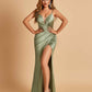 Sexy Satin Spaghetti Straps Prom Dresses V-neck Side Slit Pleats Floor Length Sheath