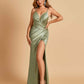 Sexy Satin Spaghetti Straps Prom Dresses V-neck Side Slit Pleats Floor Length Sheath